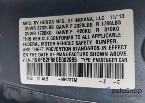 2013 Honda Civic Ex from USA, damaged, VIN 19XFB2F88DE092985